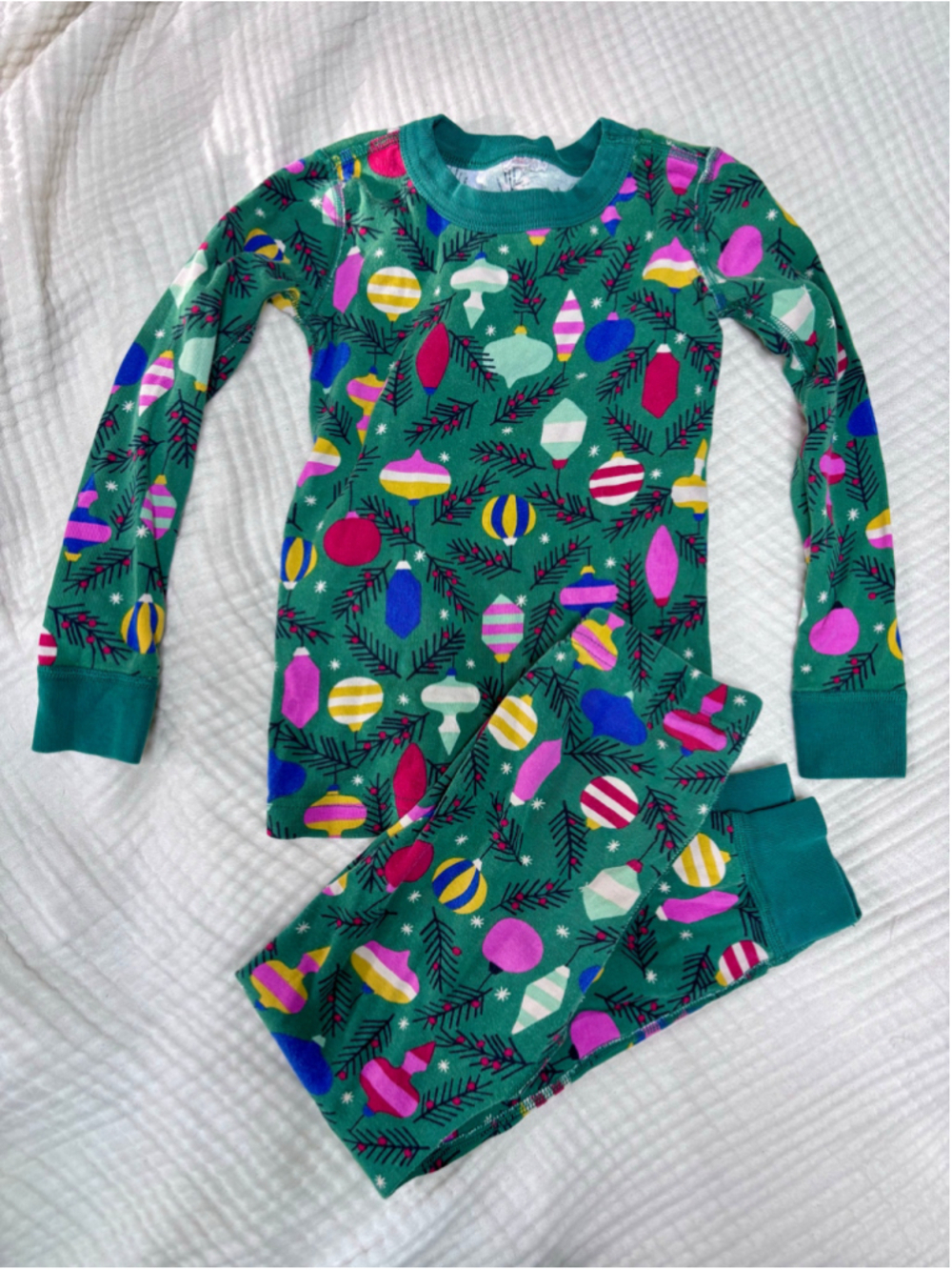 Hanna Andersson Girls Christmas Ornament Pajama Set Size 5 Green Multi Cotton